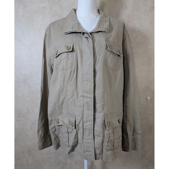 Eddie Bauer Safari Jacket Women’s XXL Khaki Linen Blend Utility Outdoors - Picture 2 of 10